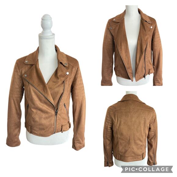 cupcakes & cashmere Jackets & Blazers - Cupcakes and Cashmere Faux Suede Moto Jacket Brown Tan Buckle Zip Size Small